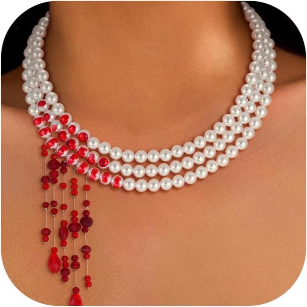 Gothic Blood Pearl Choker Necklace - Stunning Vampire Accessory for Halloween